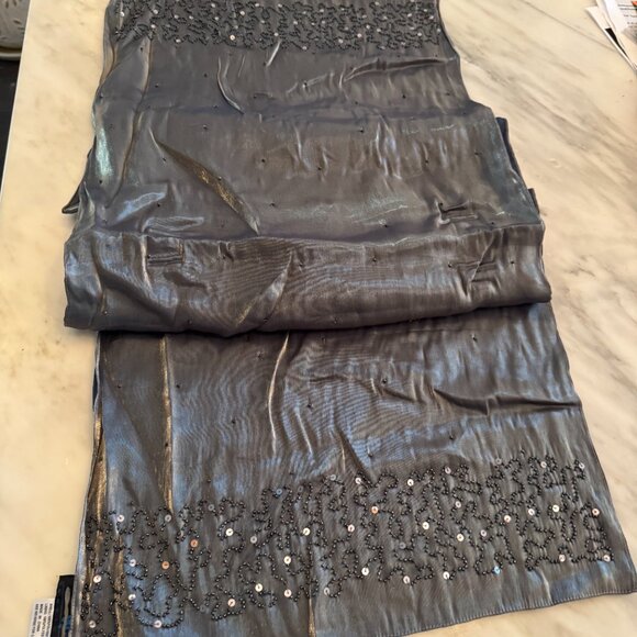 Sue Wong Scarf Dress Metallic Shiny Green Gray Shawl Hand Beaded Large #1 - Picture 8 of 16
